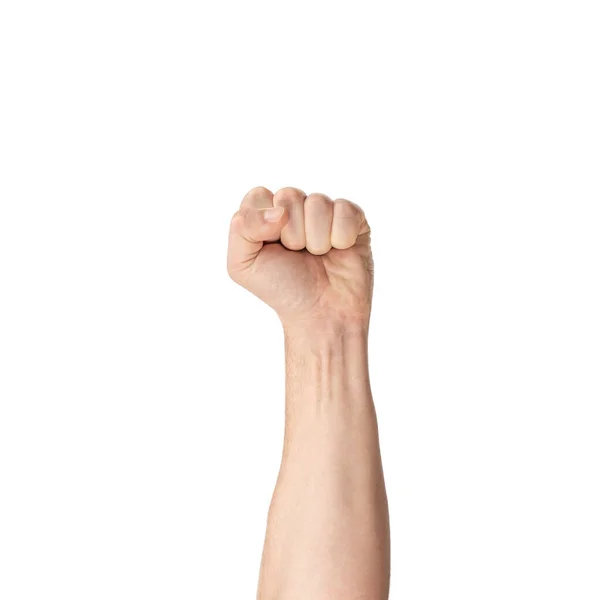 Покажи Кулак Протестующий Держит Первых Рук Изолированы Белом Фоне Мужчина — стоковое фото