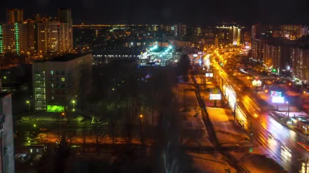 Zaman Ayarlı Gece Şehri Arabalar Yol Binalar Kış Gece Görüş — Stok video