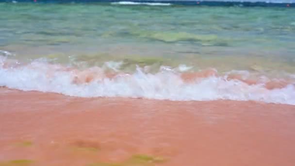 Inkomende Zee Turquoise Golf Rood Zand Een Golf Plons Roze — Stockvideo