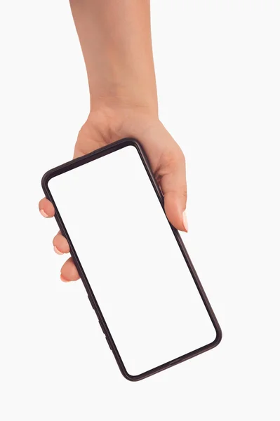 Vrouwelijke Hand Met Zwarte Mobiele Telefoon Met Wit Scherm Geïsoleerde — Stockfoto