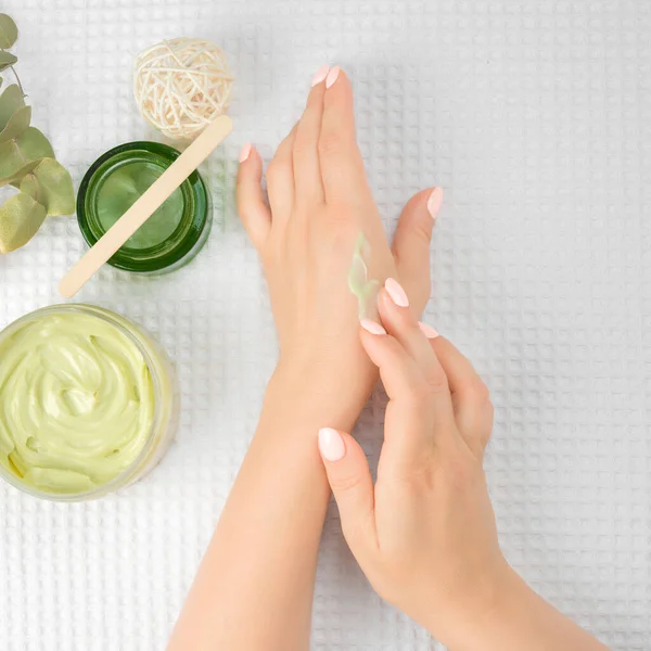 Women Hands Process Spreading Cream Jar Natural Cream White Towels — Stock Photo, Image