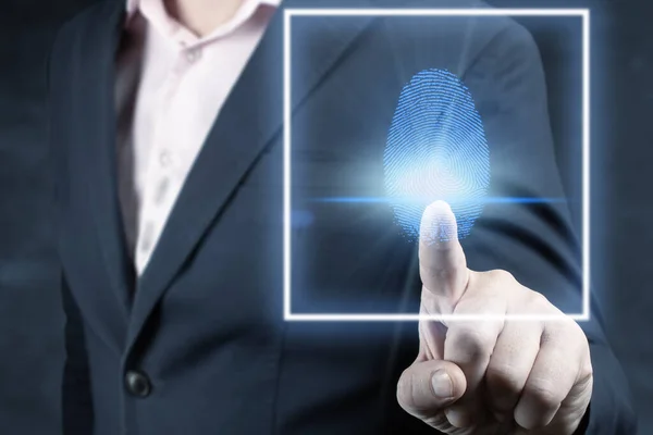 Fingerprint scan provides security access with biometrics identification, person touching screen with finger in background. businessman scan fingerprint biometric identity. Digital security concept