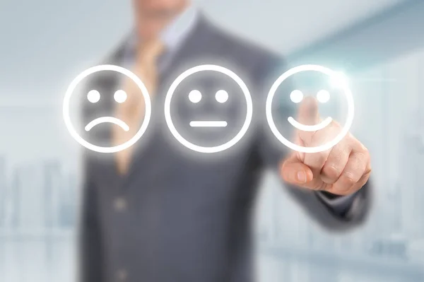Zakenman Drukken Uitstekende Smiley Gezicht Rating Icoon Lichtblauwe Achtergrond Customer — Stockfoto