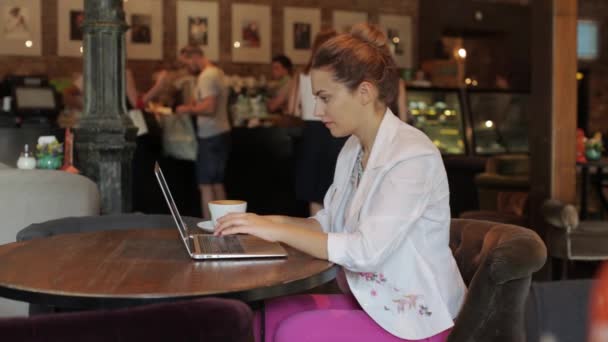 Fiatal gyönyörű lány textil, egy barát, egy laptop a kávézóban, és mosolyogva — Stock videók