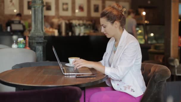 Junge schöne Geschäftsfrau arbeitet am Laptop, sitzt in gemütlichen Cafés und reagiert auf die Nachricht am Telefon — Stockvideo