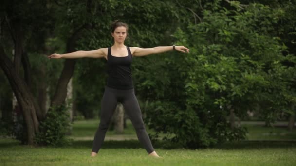 Fiatal gyönyörű lány csinál, stretching a füvön, a parkban — Stock videók