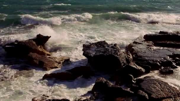 Bir kayalık sahil karşı isabet göstersede okyanus dalgaları — Stok video