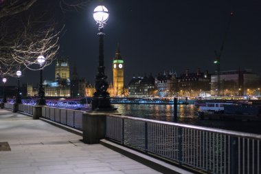 Beautiful southbank at River Thames by night with Big Ben Westminster clipart