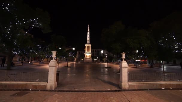 Praça Pablo Picasso bonita em Málaga à noite — Vídeo de Stock