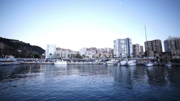 Wide angle shot of Port Malaga in the evening — Stock Video