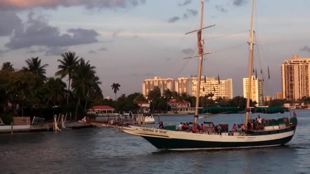 Yelkenli tekne Mami Bayside günbatımı üzerinde seyir — Stok video