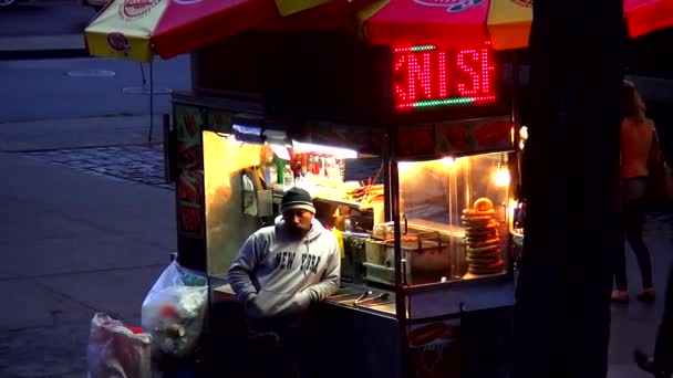 纽约热狗和烤羊肉串的街头出售 — 图库视频影像