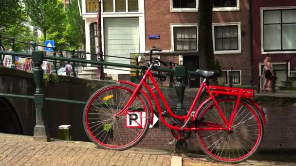 アムステルダムの典型的なアムステルダムの画像で赤い自転車の偉大なショット — ストック動画