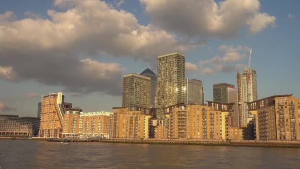 Canary Wharf skyline from River Thames — Stock Video