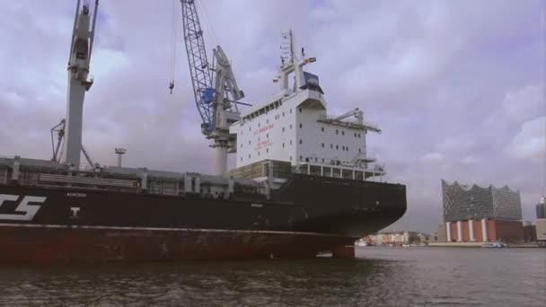 Hatalmas konténer hajó Hamburg kikötőjében Hamburg Németország — Stock videók