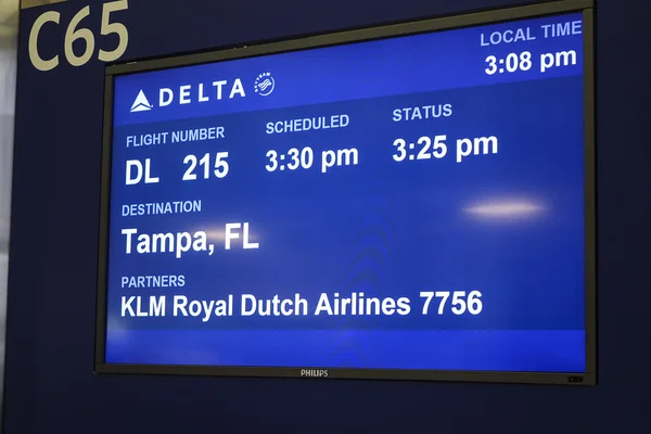 Info Screen at gate for Delta Flight to Tampa Florida - NEW YORK, USA - APRIL 9, 2016