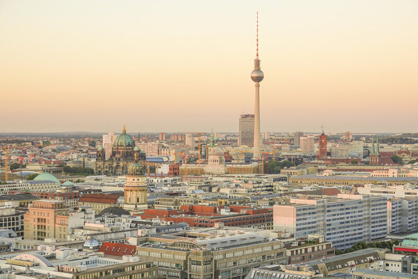 Sunset over the city of Berlin Germany - aerial view