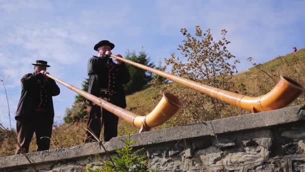 Alphorn muzikanten in de Zwitserse Alpen - typisch uitzicht - BERN, ZWITSERLAND - OKTOBER 9, 2020 — Stockvideo