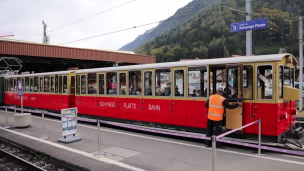 Stacja kolejowa Cog Wilderswil do góry Schynige Platte - BERN, SWITZERLAND - PAŹDZIERNIK 9, 2020 — Wideo stockowe