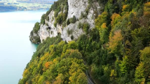 Panorama gatan längs sjön Thun i Schweiz — Stockvideo