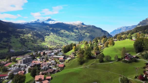 위에서부터 스위스 알프스 산맥에 있는 유명 한 도시 그라인델 발트 — 비디오
