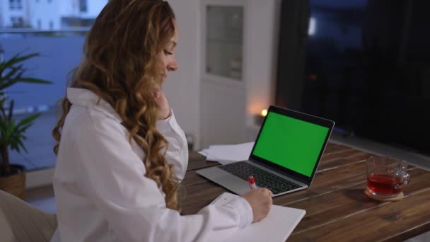 Jovens mulheres de negócios em seu laptop tela verde — Vídeo de Stock