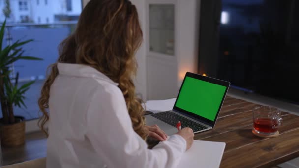 Jóvenes mujeres de negocios en su pantalla verde portátil — Vídeo de stock