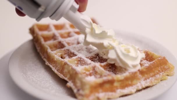 Belgian waffle with cream - close up shot — Vídeo de stock