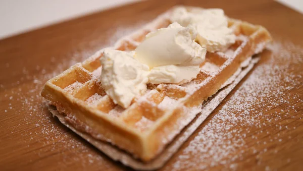 Belgian Waffle with sugar and cream — Stock Photo, Image