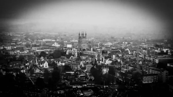 City of Gloucester and Gloucester Cathedral in England - aerial view in black and white — Stock Photo, Image