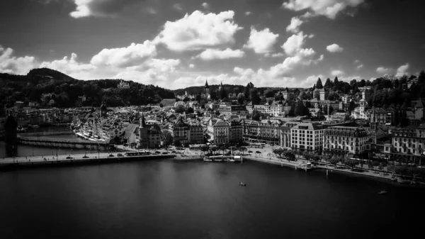 Lake Lucerne in Switzerland also called Vierwaldstaetter See in in black and white — Stockfoto