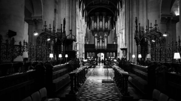 Christ Church Cathedral in Oxford in black and white - OXFORD, UNITED KINGDOM - DECEMBER 31, 2019