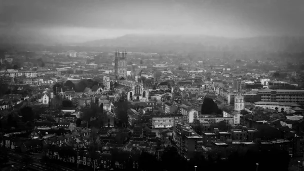 City of Gloucester and Gloucester Cathedral in England - aerial view in black and white — Stock Photo, Image