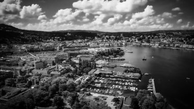 İsviçre 'deki Lucerne şehrinin üzerinde siyah beyaz bir uçuş.