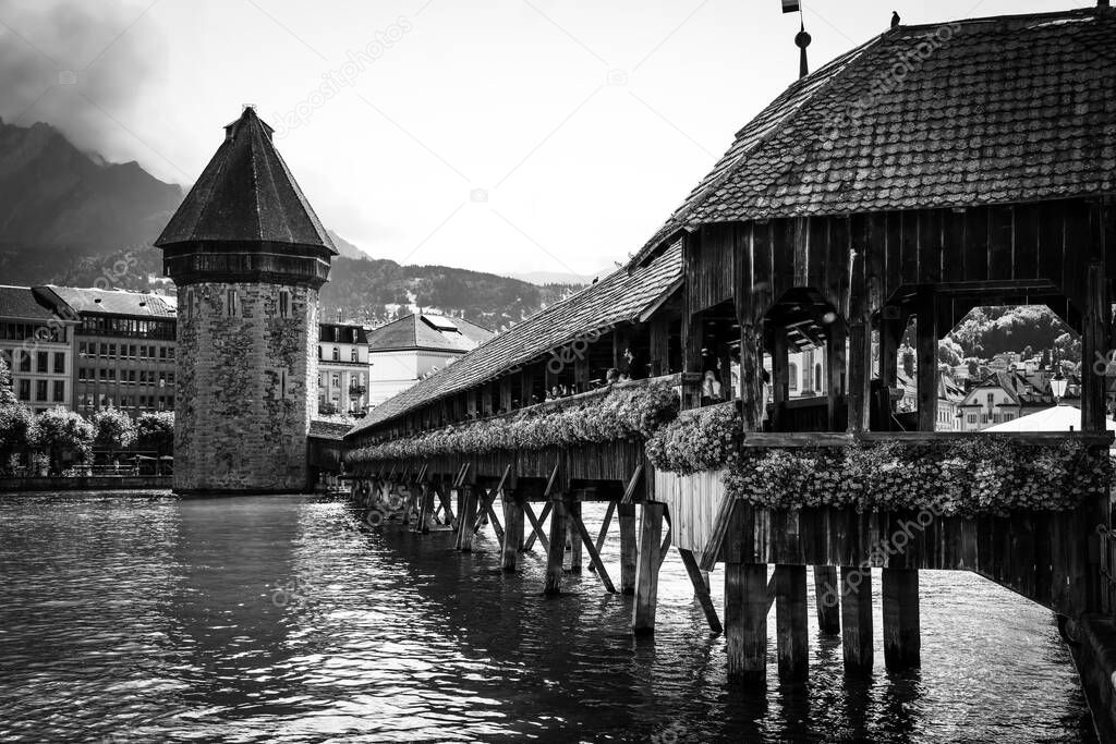 River Reuss in the city of Lucerne in black and white