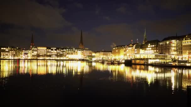 Underbar stadskärna i Hamburg Tyskland på natten — Stockvideo