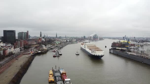 Ogromny kontenerowiec w porcie Hamburg Niemcy - HAMBURG, NIEMCY - GRUDZIEŃ 25, 2020 — Wideo stockowe