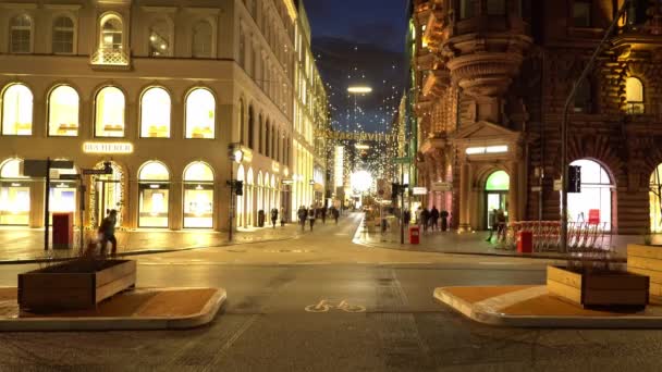 Berömd gata Jungfernstieg i centrum av Hamburg på natten — Stockvideo