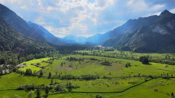 Flyg över det vackra landskapet på landsbygden i Bayern Allgau i de tyska Alperna — Stockvideo