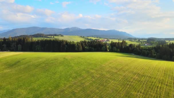 Flyg över det vackra landskapet på landsbygden i Bayern Allgau i de tyska Alperna — Stockvideo