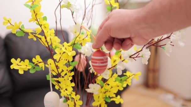 Decoratie van een bos bloemen met kleurrijke paaseieren — Stockvideo