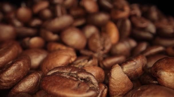 Vuelo sobre granos de café recién tostados - macro shot — Vídeo de stock