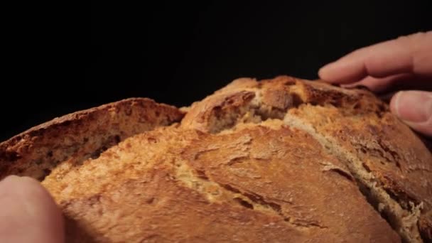 Krojenie świeżo upieczonego bochenka chleba - strzał z bliska — Wideo stockowe