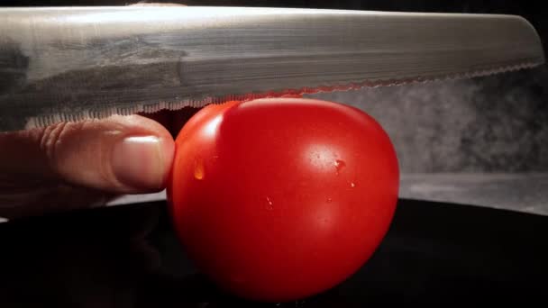 Tomate in Scheiben schneiden - Nahaufnahme — Stockvideo