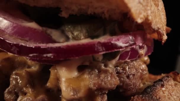 Lahodný cheeseburger s hranolkama — Stock video