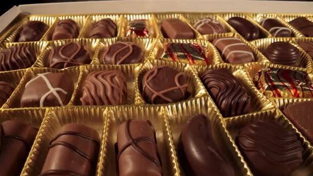 Pralinés de chocolate en vista de cerca - macro sliding shot — Vídeos de Stock