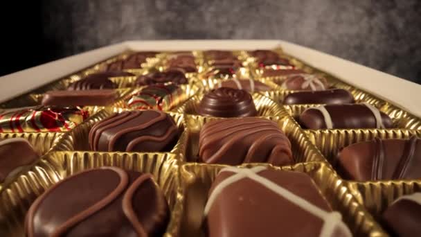 Une boîte de pralines chocolatées en gros plan — Video
