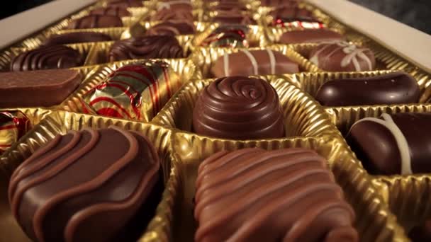 Pralinés de chocolate em close-up - macro deslizante tiro — Vídeo de Stock