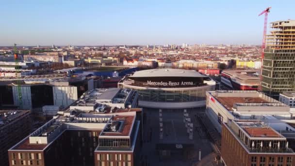 Mercedes Benz Arena in Berlin - air view - CITY of BERLIN, GERMANY - MARCH 10, 2021 — стокове відео