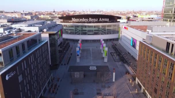 Mercedes Benz Arena in Berlin - air view - CITY of BERLIN, GERMANY - MARCH 10, 2021 — стокове відео